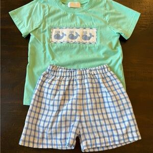 Kids Matching Set - Mint Green Whale Appliqué Tee & Blue Plaid Shorts
